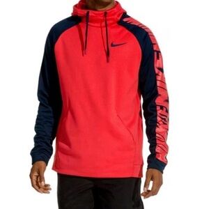 NIKE Dri-Fit Red/Navy Blue Therma Warm Pullover Training Hoodie Men's Large